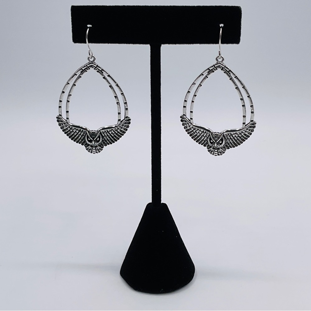 Owl Earrings Flying Bird Dangle Silver Tone Medieval Animal Costume Jewelry